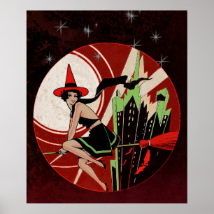 Póster de arte de bruja voladora de Halloween vint