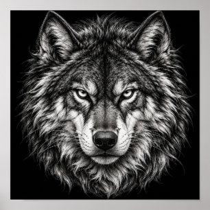 Póster de arte de cabeza de lobo alfa en blanco y 