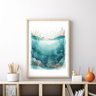 Póster de arte de escena submarina del océano