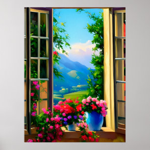 Póster de arte de escenas de ventana Montañas Flor