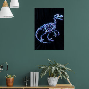 Póster de arte de esqueleto de dinosaurio azul neó