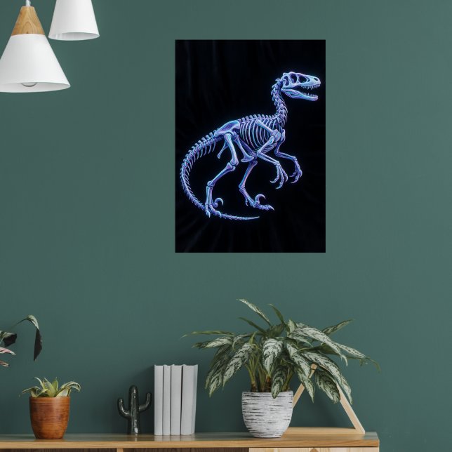 Póster de arte de esqueleto de dinosaurio azul neó (Salón 1)