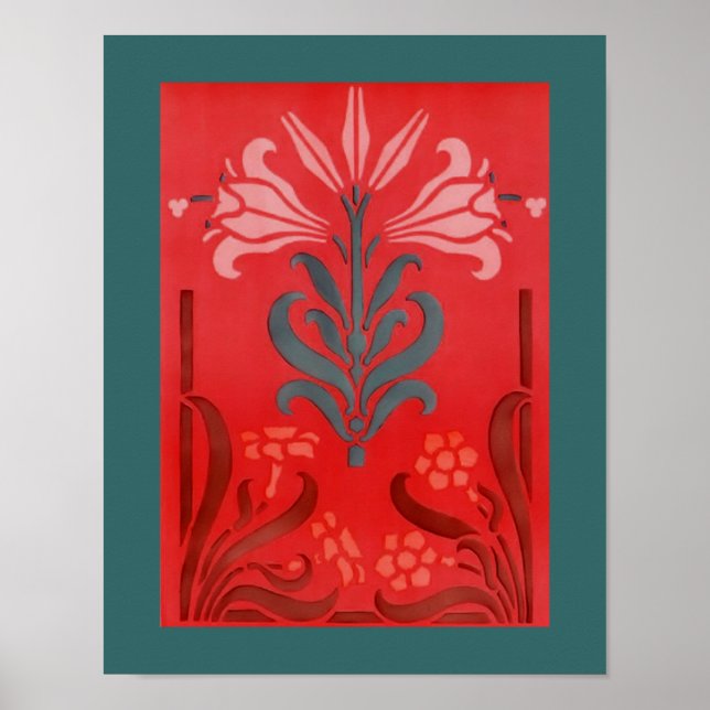 Poster De Arte De Esténcil Floral Rojo Y Azul (Frente)