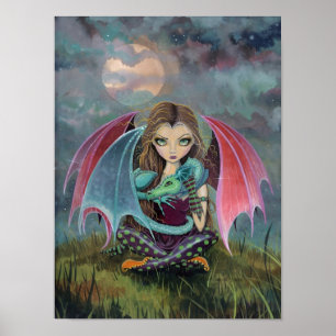 Póster de arte de fantasía de hada gótica y dragón