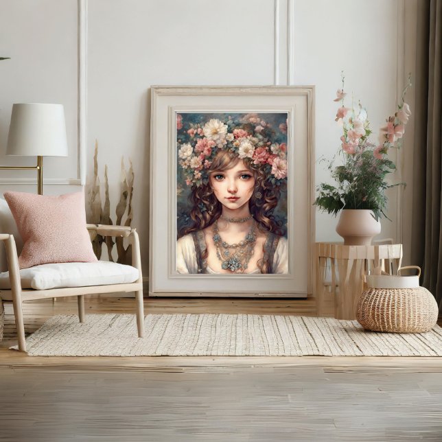 Poster de arte de flor de retrato femenino (Beautiful Claudia with Flowers Poster)