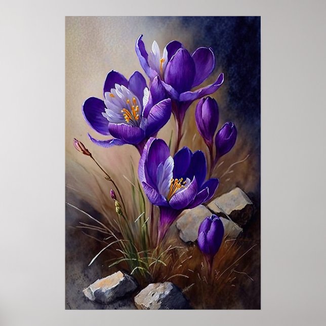Póster de Arte de Flores de Crocus Morado (Frente)