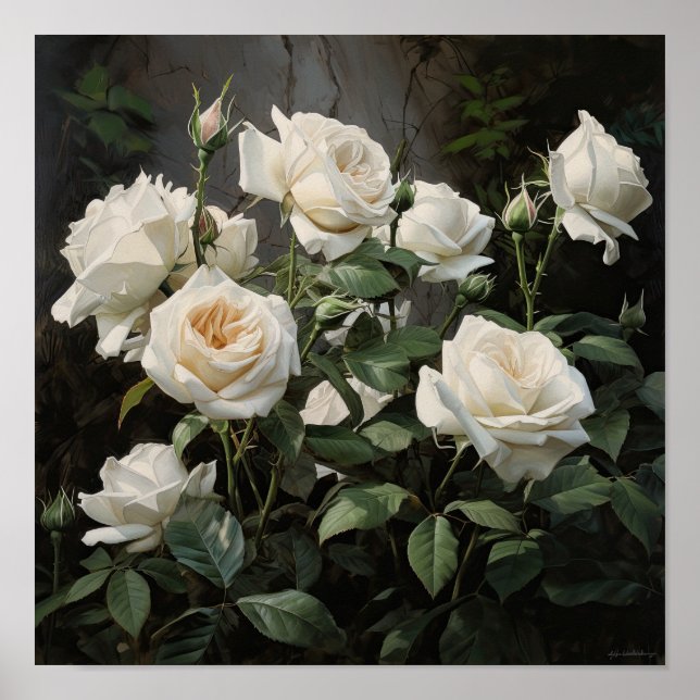 Póster de Arte de Flores de Rosas Blancas (Frente)