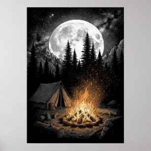 Póster de arte de fogata de camping en Full Moon M