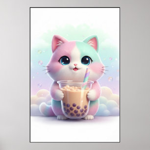 Póster de arte de gatito pastel con té de burbujas