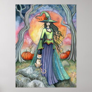 Póster de arte de gato bruja de Halloween de otoño