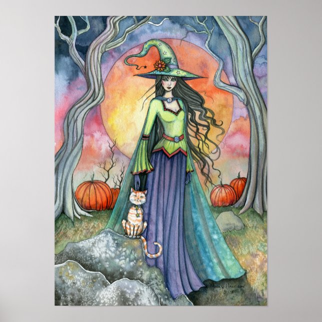 Póster de arte de gato bruja de Halloween de otoño (Frente)