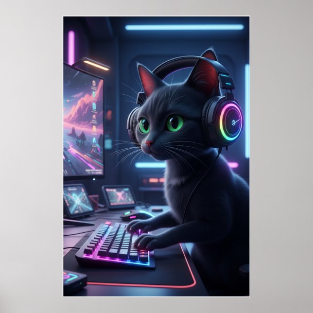 Póster de arte de gato jugador de ciberpunk (Frente)