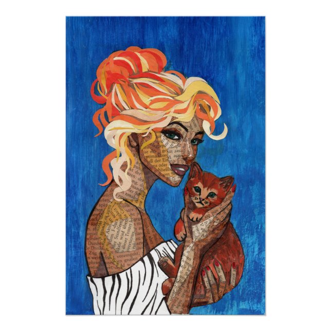 Póster de arte de gato mamá collage de medios mixt (Anverso)