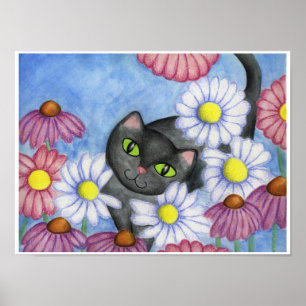 Poster De Arte De Gato Negro En Flores