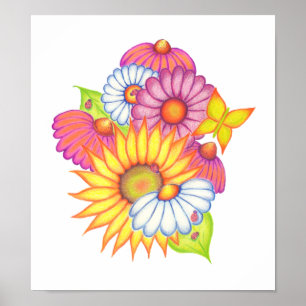 Póster de arte de girasoles y mariquitas del campo