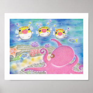 Póster de Arte de Guardería Cantando Pulpo Pez Pue