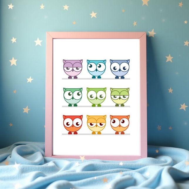 Poster de arte de guardería de lomo de arcoiris (Cute Rainbow Owl Nursery Wall Art Poster )