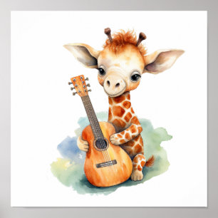 Poster de arte de guardería Giraffe con guitarra