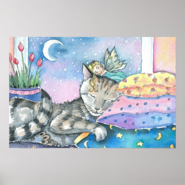 Póster de Arte de Hada Caprichosa y Gato Atigrado (Frente)