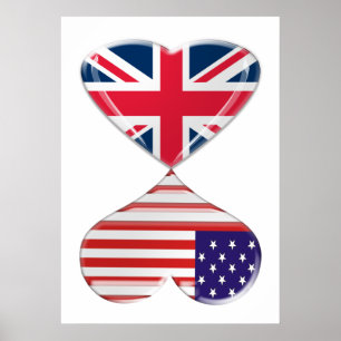 Poster de arte de Kissing USA y UK Hearts Flags