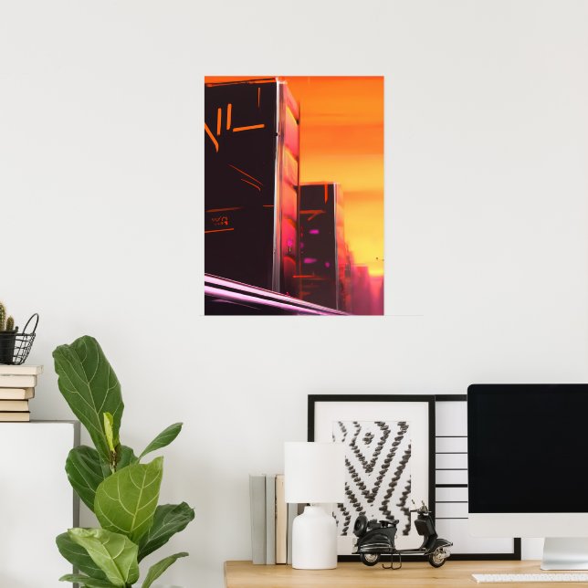 Poster de arte de la ciudad naranja de Cyberpunk (Oficina en casa)