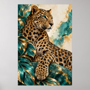 Póster de arte de leopardo dorado y azul turquesa