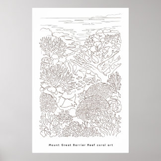 Póster de arte de línea de arrecife de coral minim