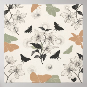 Póster de arte de línea de mariposa floral melocot