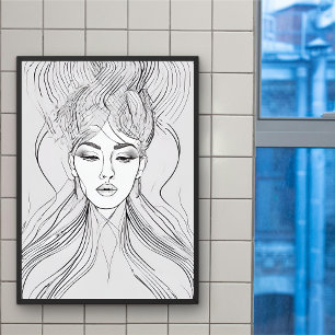 Póster de arte de línea de retrato femenino minima