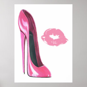 Poster de arte de los zapatos y besos rosados de S