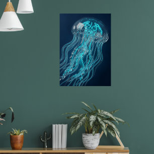 Póster de arte de medusa teal brillante Océano d