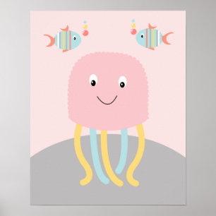 Póster de arte de medusas rosadas de vida marina f