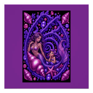 Póster de Arte de Mermaid Duo Fantasía Púrpura Sue