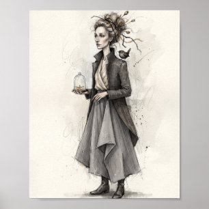 Póster de arte de mujer victoriana gótica con pája