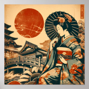 Póster de arte de pagoda del sol rojo de geisha ja