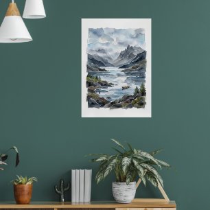 Póster de arte de paisaje en acuarela del lago de 