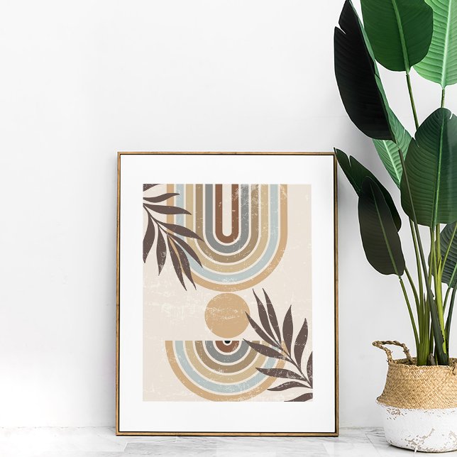 Póster de Arte de Pared Abstracto de Hoja de Arcoí (Boho Neutral Abstract Rainbows and Leaves Wall Art in a neutral frame next to a large boho plant.)