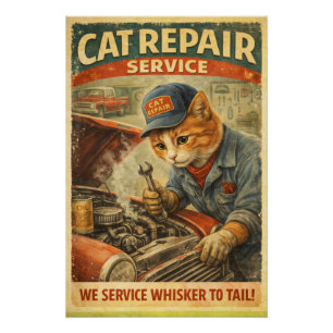 Póster de Arte de Pared de Mecánico de Gato Retro 