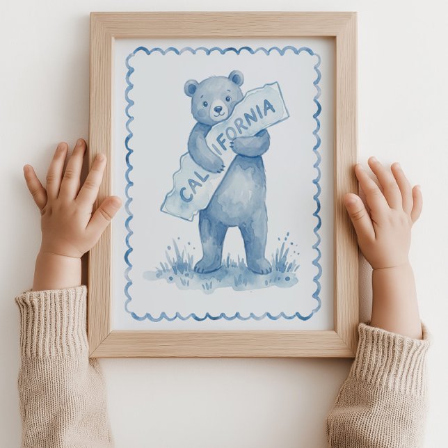 Póster de Arte de Pared de Vivero de Mapa de Calif (Bear California Map Nursery Blue Wall Art Poster)