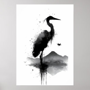 Póster de Arte de Pared Zen de Grulla Sumi-e Japon