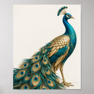 Póster de arte de pavo real elegante en azul turqu