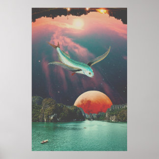 Póster de arte de pez volador psicodélico editable