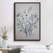 poster de arte de ramo de flores de tinta negra mi