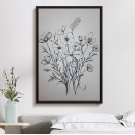 poster de arte de ramo de flores de tinta negra mi