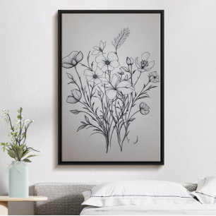 poster de arte de ramo de flores de tinta negra mi