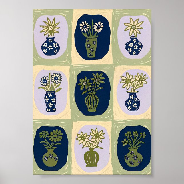 Póster de arte de rejilla de jarrón de flores silv (Frente)
