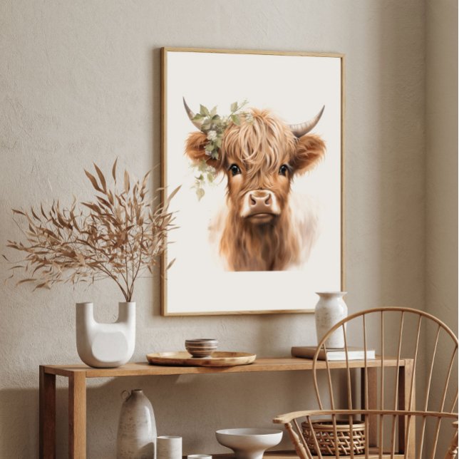 Póster de Arte de Vaca de las Tierras Altas Boho (Boho Highland Cow Art Print Poster.)