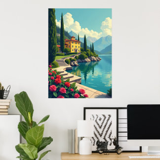 Póster de arte de villa italiana en el lago de Com