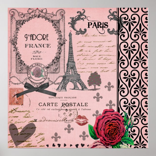 Poster de arte del Collage rosa de París (Frente)