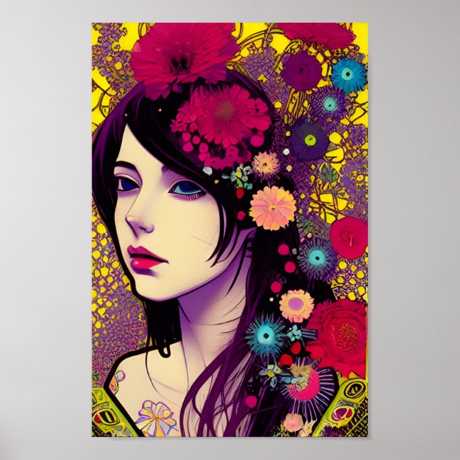 Poster de arte digital Chica FloralPunk retro (Frente)